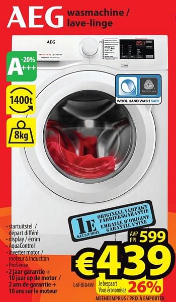 Promoties Aeg wasmachine - lave-linge l6fbi84w - AEG - Geldig van 18/07/2018 tot 24/07/2018 bij ElectroStock
