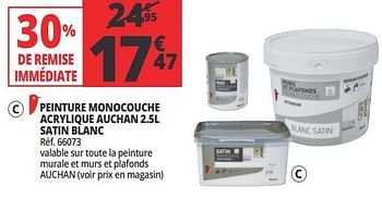 Promotions Peinture monocouche acrylique auchan 2.5l satin blanc - Produit Maison - Auchan Ronq - Valide de 17/07/2018 à 24/07/2018 chez Auchan Ronq