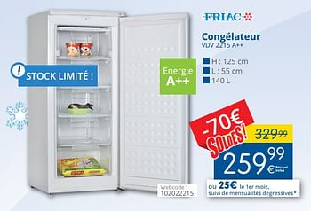 Promotions Friac congélateur vdv 2215 a++ - Friac - Valide de 11/07/2018 à 31/07/2018 chez Eldi