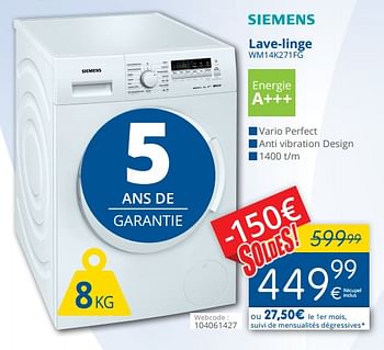 Promotions Siemens lave-linge wm14k271fg - Siemens - Valide de 11/07/2018 à 31/07/2018 chez Eldi