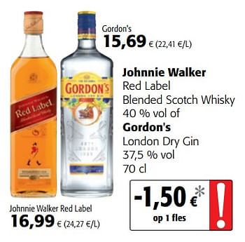 Promoties Johnnie walker red label blended scotch whisky of gordon`s london dry gin - Huismerk - Colruyt - Geldig van 18/07/2018 tot 31/07/2018 bij Colruyt