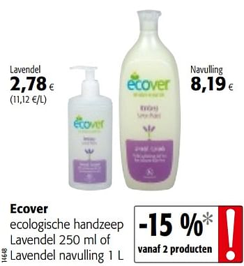Promotions Ecover ecologische handzeep lavendel of lavendel navulling - Ecover - Valide de 18/07/2018 à 31/07/2018 chez Colruyt