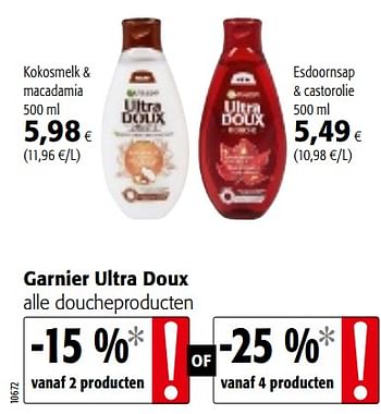 Promoties Garnier ultra doux alle doucheproducten - Garnier - Geldig van 18/07/2018 tot 31/07/2018 bij Colruyt