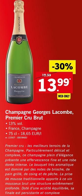 Promotions Champagne georges lacombe, premier cru brut - Champagne - Valide de 23/07/2018 à 28/07/2018 chez Lidl