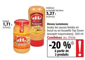 Promotions Devos lemmens toutes les sauces froides en bocal ou en bouteille top down - Devos Lemmens - Valide de 18/07/2018 à 31/07/2018 chez Colruyt
