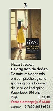 Promoties De dag van de doden, nicci french - Huismerk - BookSpot - Geldig van 25/06/2018 tot 02/09/2018 bij BookSpot