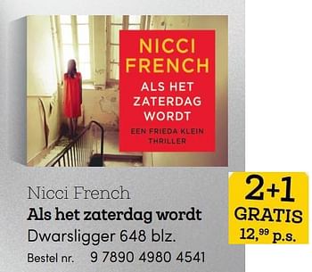 Promoties Als het zaterdag wordt, nicci french - Huismerk - BookSpot - Geldig van 25/06/2018 tot 02/09/2018 bij BookSpot