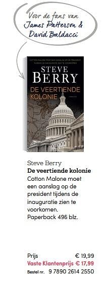 Promoties De veertiende kolonie, steve berry - Huismerk - BookSpot - Geldig van 25/06/2018 tot 02/09/2018 bij BookSpot