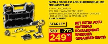 Promoties Stanley fatmax brushless accu klopboormachine fmck625d2a-qw - Stanley - Geldig van 01/08/2018 tot 31/08/2018 bij Bouwcenter Frans Vlaeminck