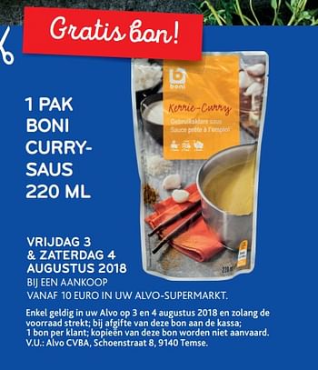 Promoties Gratis 1 pak boni currysaus - Huismerk - Alvo - Geldig van 01/08/2018 tot 04/08/2018 bij Alvo