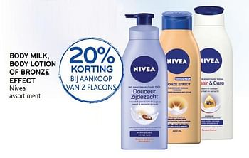 Promoties 20% korting bij aankoop van 2 flacons body milk, body lotion of bronze effect nivea - Nivea - Geldig van 01/08/2018 tot 14/08/2018 bij Alvo