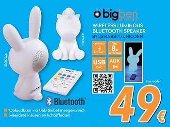Promoties Bigben wireless luminous bluetooth speaker btlsrabbit - BIGben - Geldig van 01/08/2018 tot 15/08/2018 bij Krefel