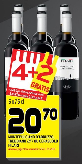 Promoties Montepulciano d`abruzzo, trebbiano of - ou cerasuolo filari - Rode wijnen - Geldig van 01/08/2018 tot 14/08/2018 bij Match