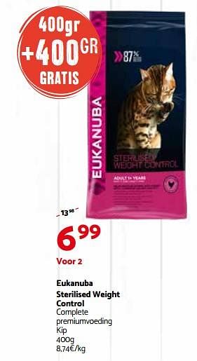 Promoties Eukanuba sterilised weight control complete premiumvoeding kip - Eukanuba - Geldig van 01/08/2018 tot 12/08/2018 bij Tom&Co
