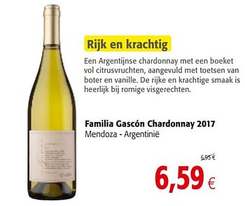 Promotions Familia gascón chardonnay 2017 - Vins blancs - Valide de 01/08/2018 à 15/08/2018 chez Colruyt