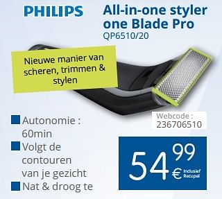 Promoties Philips all-in-one styler one blade pro qp6510-20 - Philips - Geldig van 01/08/2018 tot 29/08/2018 bij Eldi