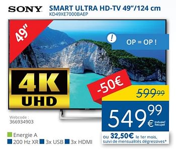 Promoties Sony smart ultra hd-tv kd49xe7000baep - Sony - Geldig van 01/08/2018 tot 29/08/2018 bij Eldi