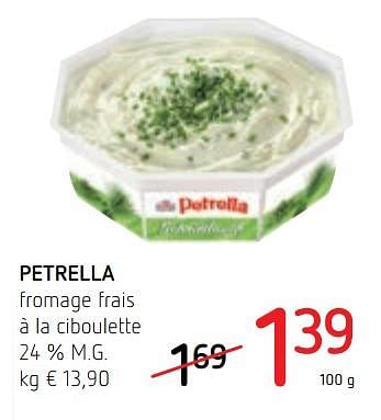 Promotions Petrella fromage frais à la ciboulette - Petrella - Valide de 02/08/2018 à 15/08/2018 chez Spar (Colruytgroup)