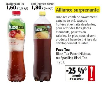 Promotions Fuze tea black tea peach hibiscus ou sparkling black tea - FuzeTea - Valide de 01/08/2018 à 15/08/2018 chez Colruyt