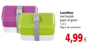 Promoties Lunchbox met bestek paars of groen - Huismerk - Colruyt - Geldig van 01/08/2018 tot 15/08/2018 bij Colruyt