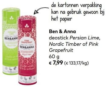 Promoties Ben + anna deostick persian lime , nordic timber of pink grapefrui - Huismerk - Bioplanet - Geldig van 01/08/2018 tot 04/09/2018 bij Bioplanet