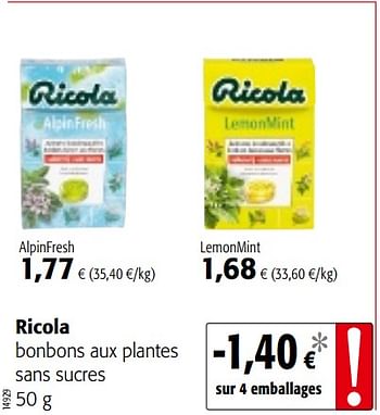 Promotions Ricola bonbons aux plantes sans sucres - Ricola - Valide de 01/08/2018 à 15/08/2018 chez Colruyt
