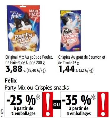 Promotions Felix party mix ou crispies snacks - Felix - Valide de 01/08/2018 à 15/08/2018 chez Colruyt