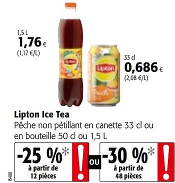 Promotions Lipton ice tea pêche non pétillant en canette ou en bouteille - Lipton - Valide de 01/08/2018 à 15/08/2018 chez Colruyt