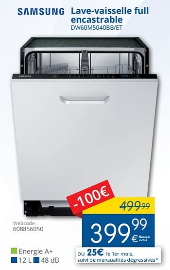 Promoties Samsung lave-vaisselle full encastrable dw60m5040bb-et - Samsung - Geldig van 01/08/2018 tot 29/08/2018 bij Eldi