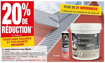 Promotions 20% de réduction sur toutes les peintures façades et colorants richard - Richard - Valide de 08/08/2018 à 20/08/2018 chez Brico