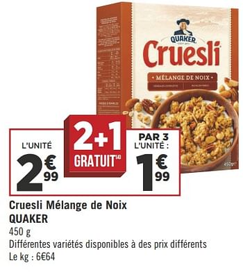 Promo Céréales Cruesli Mélange de noix QUAKER chez Géant Casino