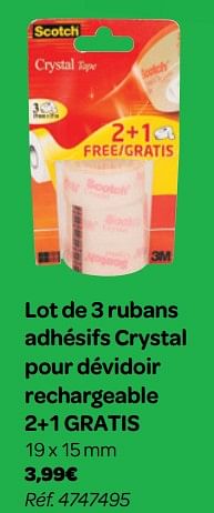 Promotions Lot de 3 rubans adhésifs crystal pour dévidoir rechargeable 2+1 gratis - Scotch - Valide de 01/08/2018 à 09/09/2018 chez Carrefour