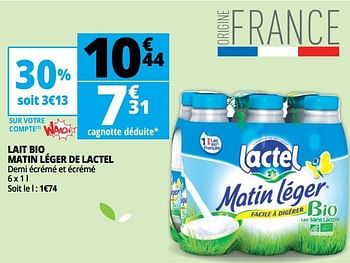 Promoties Lait bio matin léger de lactel - Lactel - Geldig van 07/08/2018 tot 13/08/2018 bij Auchan