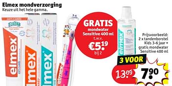 Promoties 2 x tandenborstel kids 3-6 jaar + gratis mondwater sensitive 400 m - Elmex - Geldig van 07/08/2018 tot 19/08/2018 bij Kruidvat
