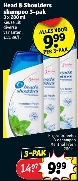Promoties 3 x shampoo menthol fresh 280 ml - Head & Shoulders - Geldig van 07/08/2018 tot 19/08/2018 bij Kruidvat