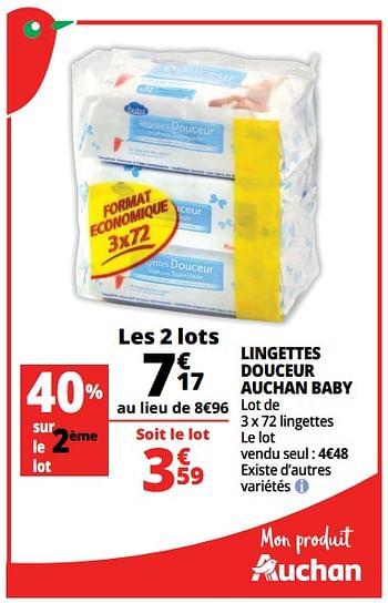 Promotions Lingettes douceur auchan baby - Produit Maison - Auchan Ronq - Valide de 07/08/2018 à 13/08/2018 chez Auchan Ronq