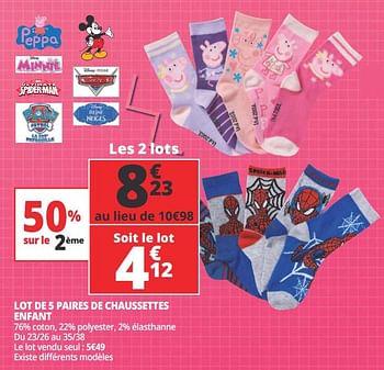 Promoties Lot de 5 paires de chaussettes enfant - Huismerk - Auchan - Geldig van 07/08/2018 tot 13/08/2018 bij Auchan