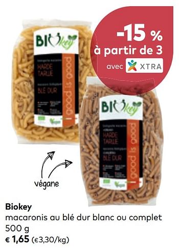 Promotions Biokey macaronis au blé dur blanc ou complet - Biokey - Valide de 01/08/2018 à 04/09/2018 chez Bioplanet