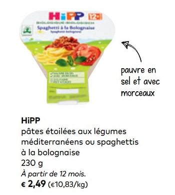 Promotions Hipp pâtes étoilées aux légumes méditerranéens ou spaghettis à la bolognaise - Hipp - Valide de 01/08/2018 à 04/09/2018 chez Bioplanet