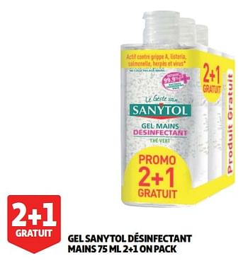 Promoties Gel sanytol désinfectant mains 75 ml 2+1 on pack - Sanytol - Geldig van 07/08/2018 tot 13/08/2018 bij Auchan
