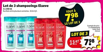 Promotions 3 x shampooing color vive 250 ml - Elseve - Valide de 07/08/2018 à 19/08/2018 chez Kruidvat