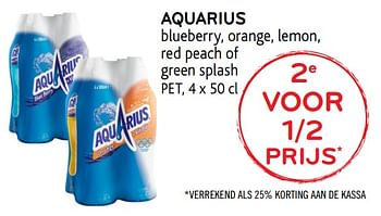 Promoties Aquarius blueberry, orange, lemon, red peach of green splash pet, 4 x 50 cl , 2de voor de 1-2 prijs - Aquarius - Geldig van 15/08/2018 tot 28/08/2018 bij Alvo