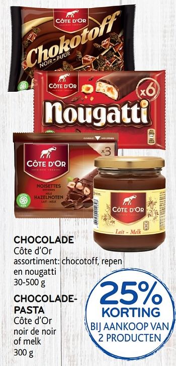 Promotions Chocolade - chocoladepasta , 25% korting bij aankoop van 2 producten - Cote D'Or - Valide de 15/08/2018 à 28/08/2018 chez Alvo