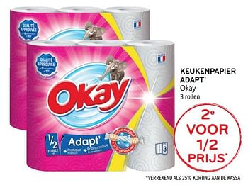 Promoties Keukenpapier adapt, 2de voor de 1-2 prijs - Huismerk - Okay  - Geldig van 15/08/2018 tot 28/08/2018 bij Alvo