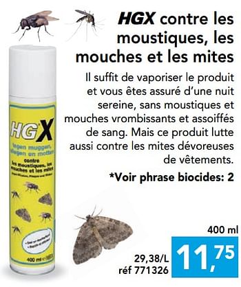 Promotions Hgx contre les moustiques, les mouches et les mites - HG - Valide de 08/08/2018 à 26/08/2018 chez Hubo