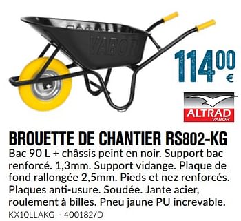 Promotions Brouette de chantier rs802-kg - Altrad - Valide de 01/08/2018 à 30/09/2018 chez Meno Pro