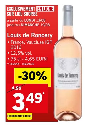 Promotions Louis de roncery - Vins rosé - Valide de 13/08/2018 à 18/08/2018 chez Lidl