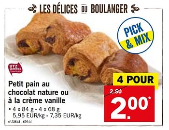 Promotions Petit pain au chocolat nature ou à la crème vanille - Produit maison - Lidl - Valide de 13/08/2018 à 18/08/2018 chez Lidl