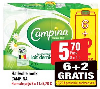 Promoties Halfvolle melk campina - Campina - Geldig van 14/08/2018 tot 21/08/2018 bij Smatch