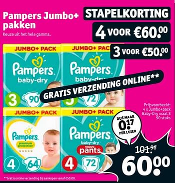 Promoties 4 x jumbo+pack baby-dry maat 3 - Pampers - Geldig van 14/08/2018 tot 19/08/2018 bij Kruidvat